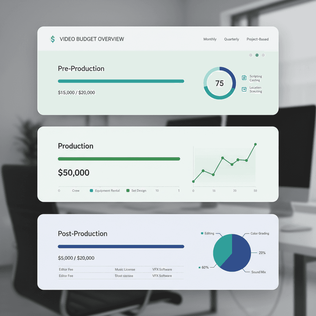 3-Stage Budget System dashboard showing Pre, Production, and Post-Production budget breakdowns