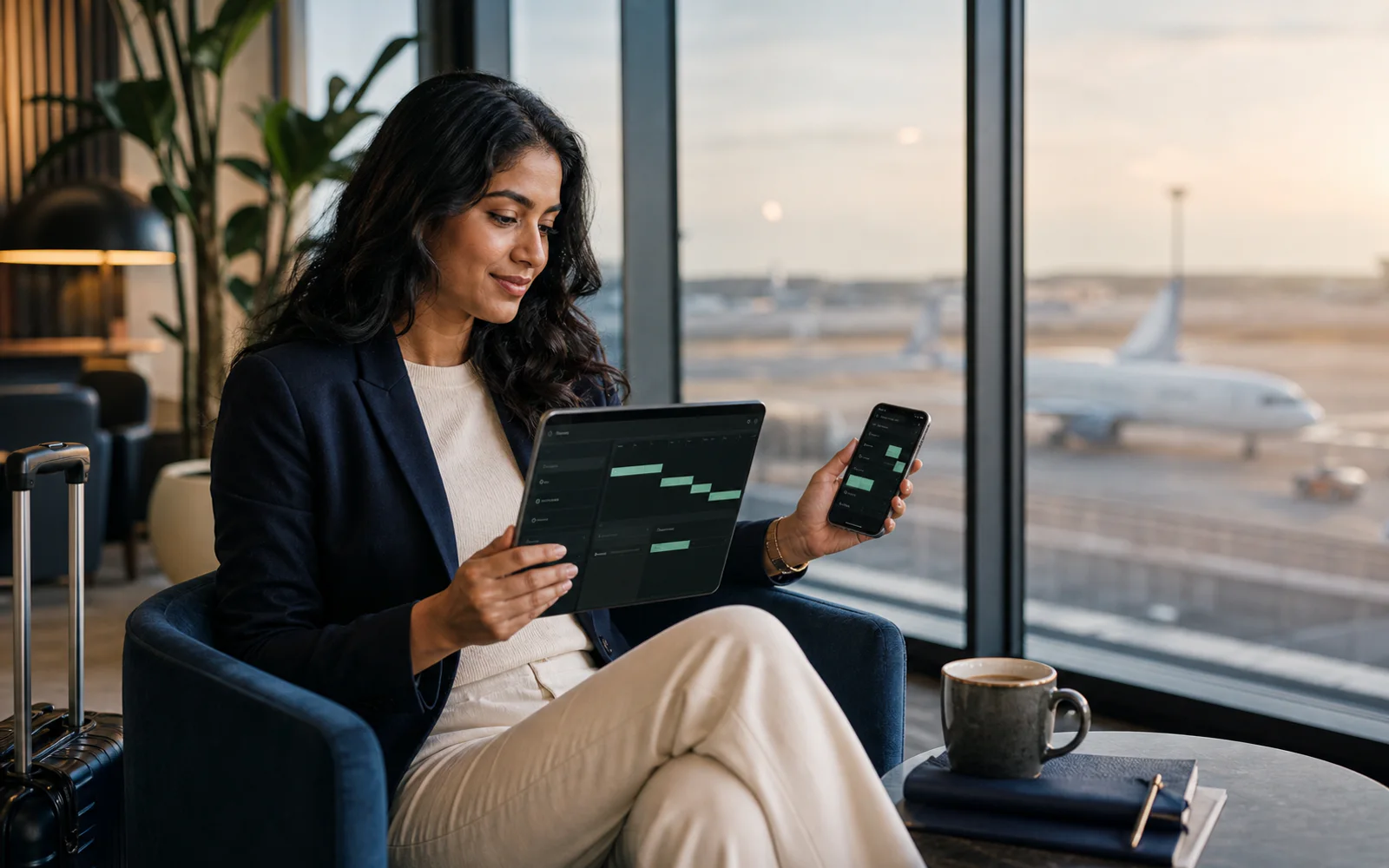 Adult woman reviewing a launch plan on a tablet and phone in an airport lounge